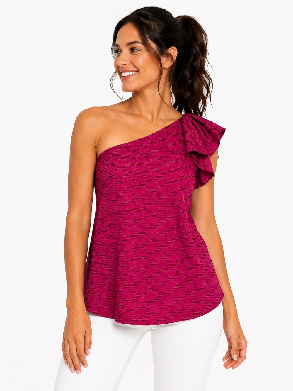 Banana Republic Size 8 One-Shoulder Bow Ruffle Tectured Top in Magenta